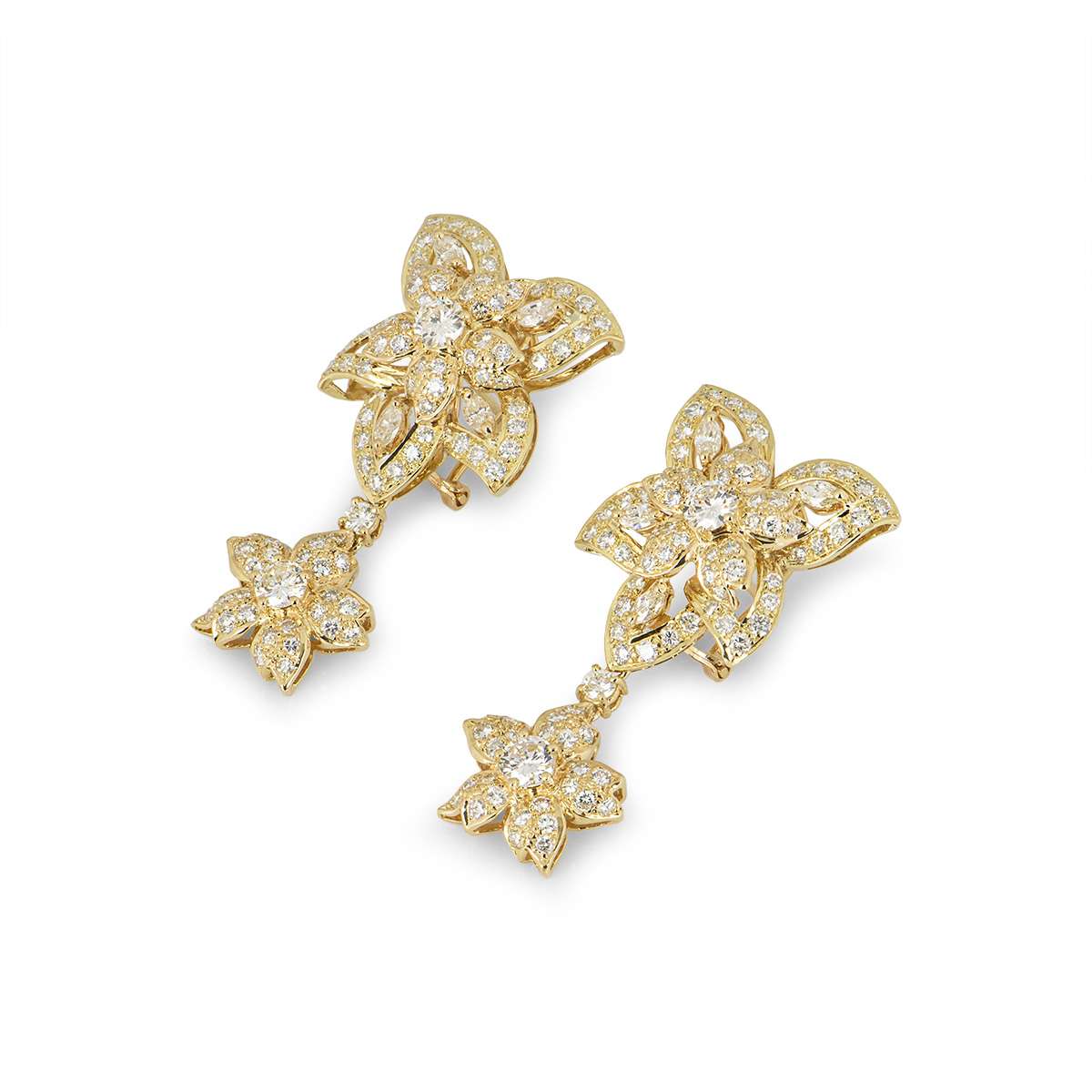 Yellow Gold Diamond Flower Drop Earrings